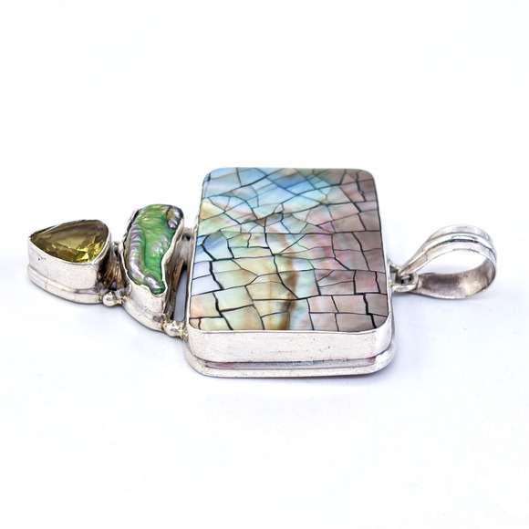 Vintage Sterling Silver 925 8cm Fractured Design Abalone Pearl Peridot Pendant - Picture 3 of 8